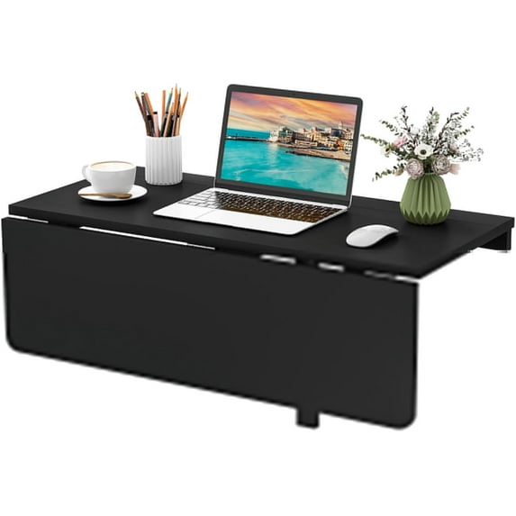 YANG2 Wall Mounted Folding Table, 31.5" x 23.5" Wood Murphy Drop-Leaf Table, Space Saving Foldable Floating Desk, Wall Desk Fold Down for Small Spaces, Study, Bedroom, Bathroom (Black)