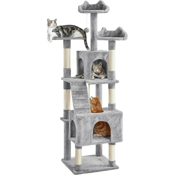 YANG2, XL Cat Tree, 72in Multi-Level Cat Tower with 2 Cozy Caves, 3 Soft Perches, Scratching Posts, Board, and Dangling Ball, Pet Furniture Play House for Kittens/Cats, Light Gray