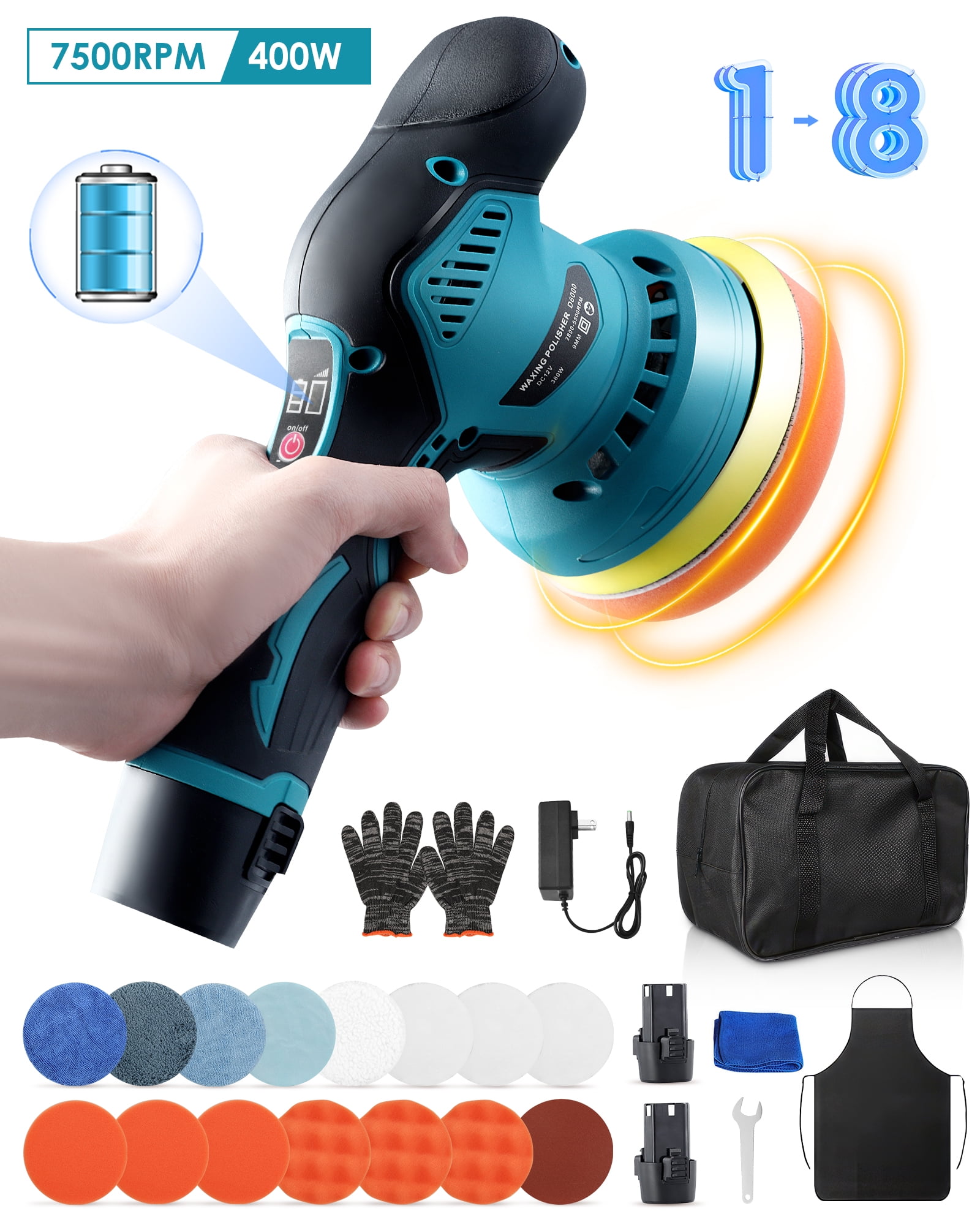 YANGKING 7500 RPM Cordless Car Buffer & Polisher Kit with 2 Batteries