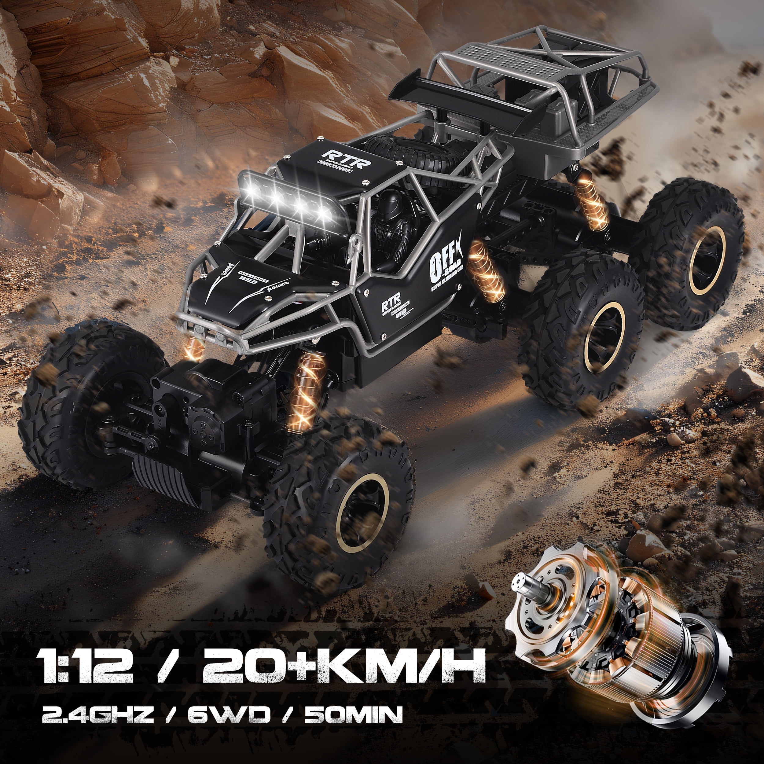 AMTPM 1:12 Large RC Cars,4WD Large Remote Control Monster Truck 2.4 GHz Alloy RC Cars for Kids Adults Age 6 + Birthday Gifts ，2 Batteries(Black)