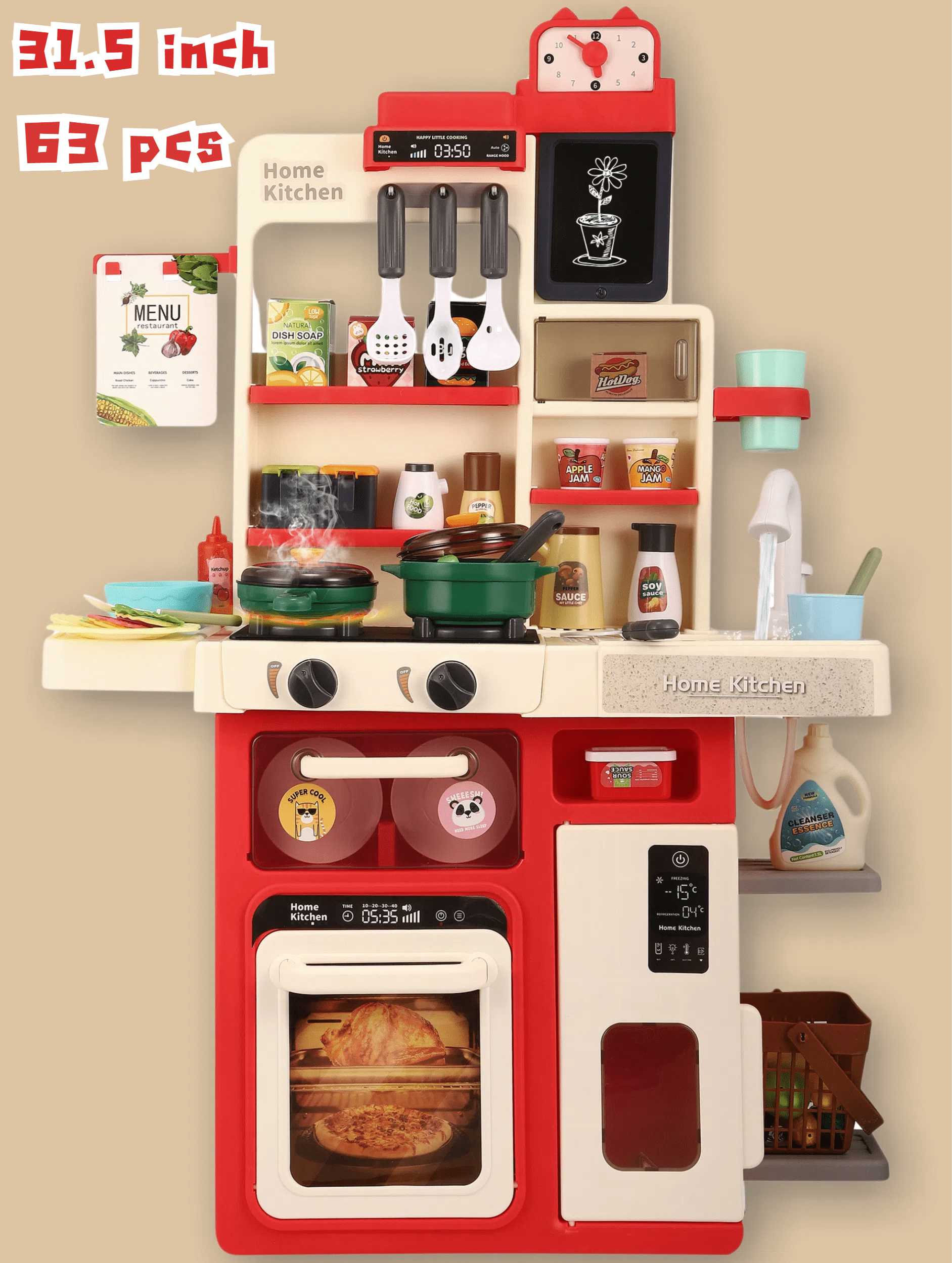 AMTPM 63PCS Play Kitchen Set Cooking Stoves with Realistic Steam