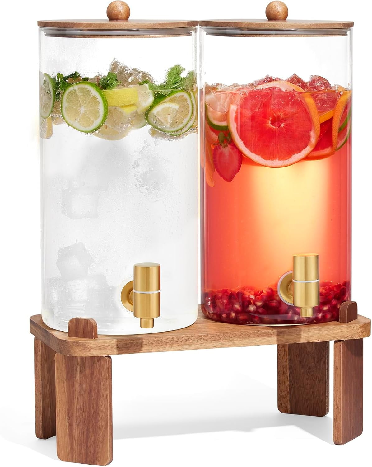 YANGLI 1.5-Gallon Glass Beverage Dispenser Set of 2 with Wood Stand & Stainless Steel Spigot
