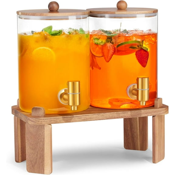 YANGLI 1-Gallon Glass Beverage Dispenser Set of 2 with Wood Stand & Stainless Steel Spigot