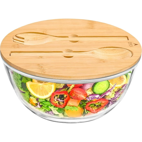 YANGLI 10.6" Glass Salad Bowl with Sealing Lid - Large Trifle Bowl Glass Fruit Bowl, 4.7 Quart Serving Bowl for Salad, Pasta, Fruit, Microwave Safe