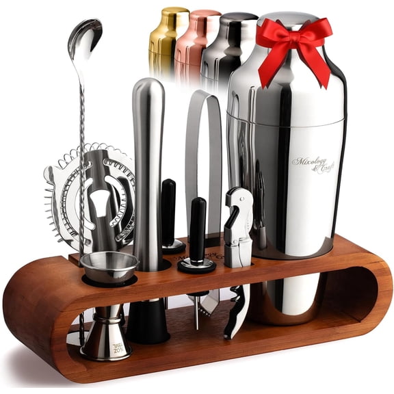 YANGLI 10-Piece Cocktail Shaker Set with Dark Bamboo Stand – Leak-Proof Design, Silver Finish