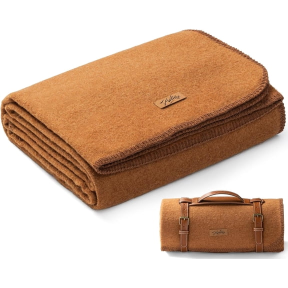 YANGLI 100% Wool Military Blanket - 62"x86" Warm Thick Washable (Dark Camel)