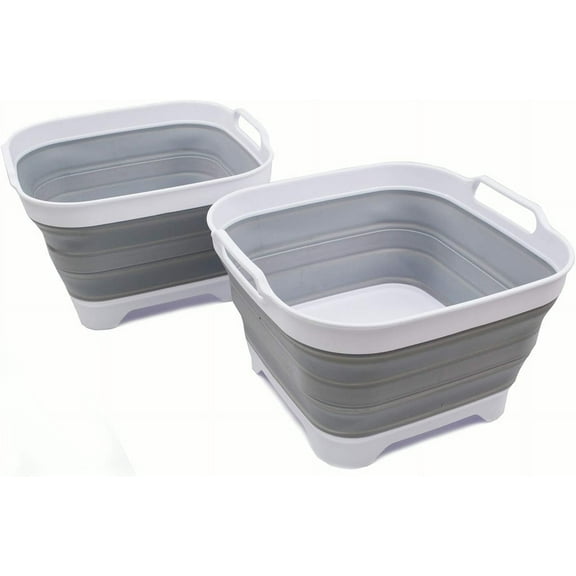 YANGLI 10L (2.64 Gallon) Collapsible Dishpan with Draining Plug, Foldable Washing Basin, Portable Dish Washing Tub, Space Saving Kitchen Storage Tray, White/Grey
