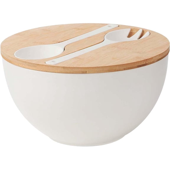 YANGLI 11.3" Extra Large Bamboo Fiber Salad Bowl Set - 6.5Qt Matte White with Wooden Lid & Utensils, Lightweight Mixing Bowl