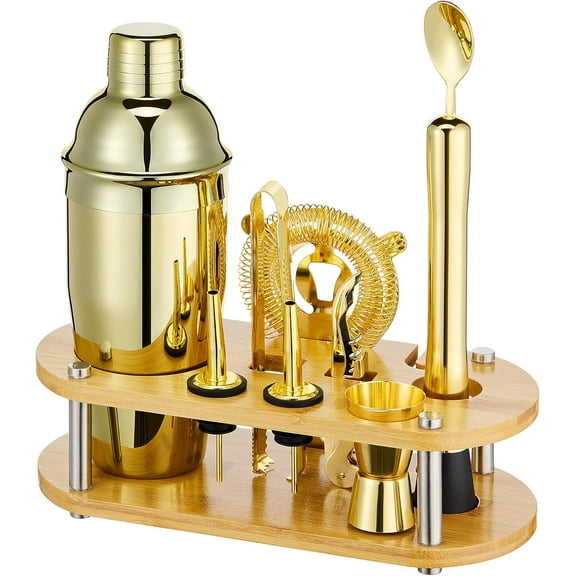 YANGLI 11-Piece Cocktail Shaker Set with Bamboo Stand – Gold Bar Tool Set