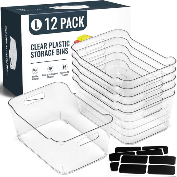 YANGLI 12-Pack Clear Plastic Storage Bins with Labels, Large Size, for Pantry, Kitchen, Bathroom & Cabinet Organization