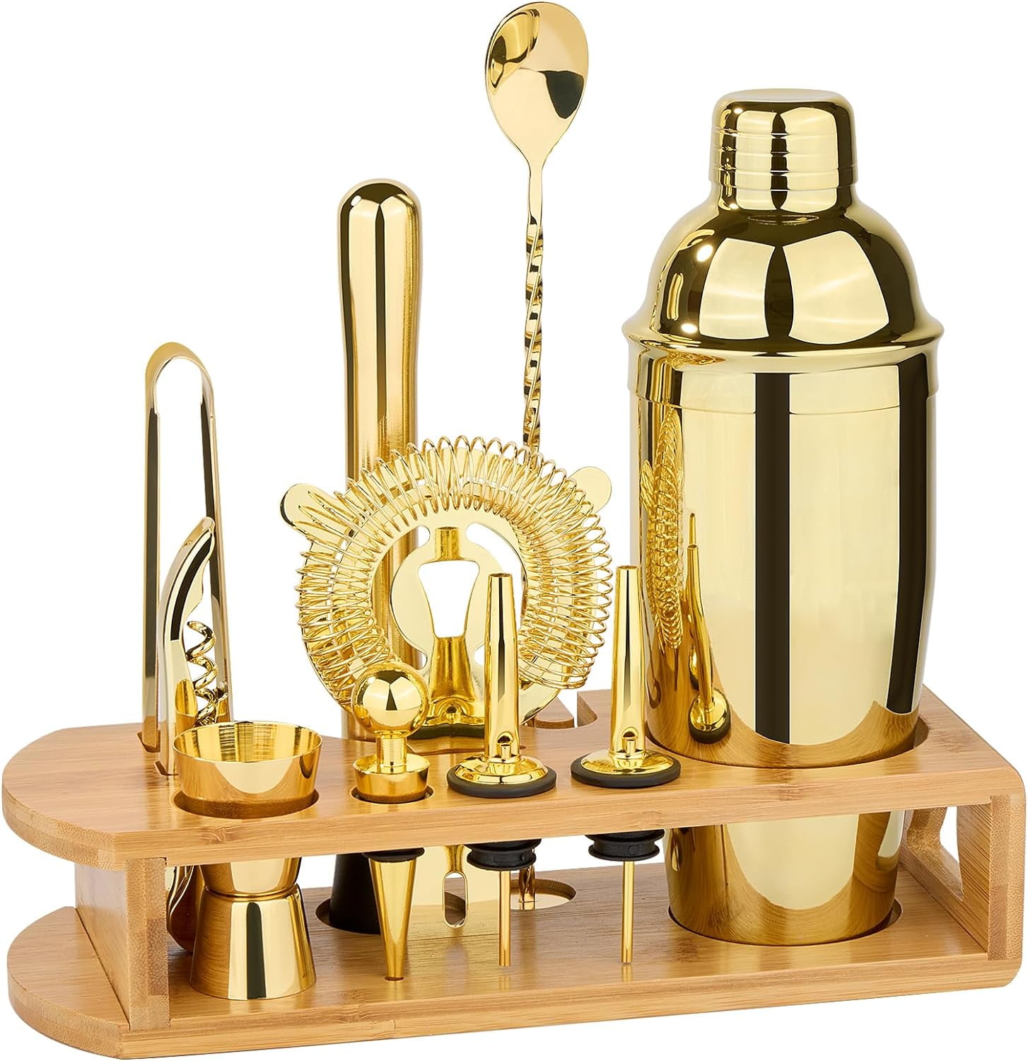 YANGLI 12-Piece Bar Tool Set with Bamboo Stand – Gold Cocktail Shaker Set