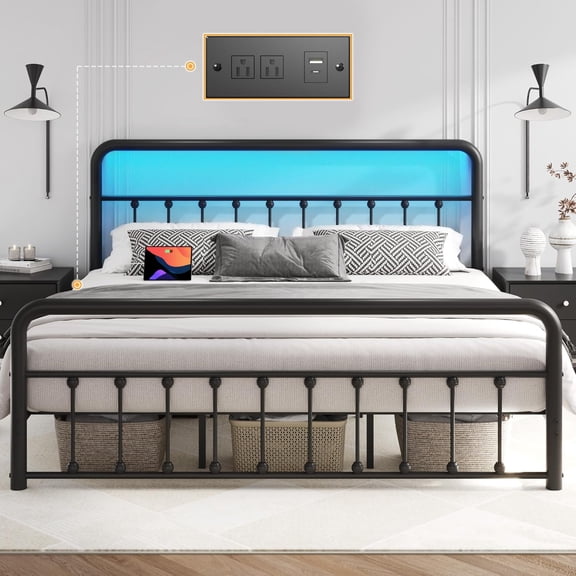 YANGLI 14" King Classic Metal Platform Bed w/ Charger & LED, Victorian Iron Head/Footboard, Underbed Storage, No Box Spring, Quiet