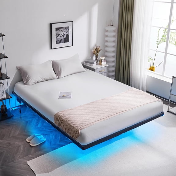 YANGLI 14" King Floating Bed Frame with USB Charging Station & LED Lights, Platform Heavy Duty Metal, No Box Spring Needed, Black