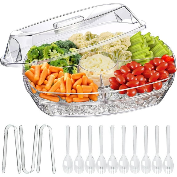 YANGLI 15 Inch Chilled Veggie Tray - Clear Party Platter with 4 Compartments, Ice Serving Bowl with Lid for Fruit, Vegetable, Appetizer