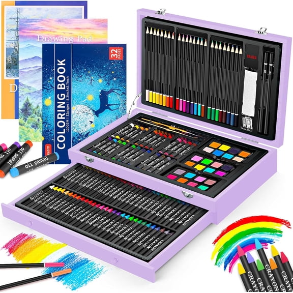YANGLI 150-Piece Wooden Art Set with Coloring Book & 2 Sketch Pads, Gift for Kids & Teens