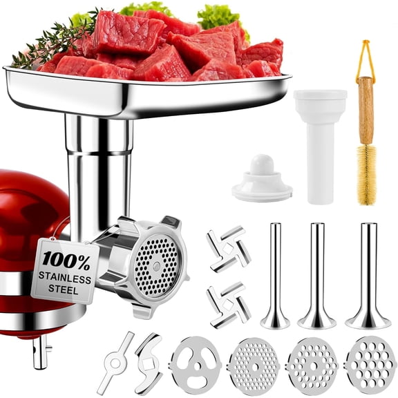 YANGLI 18-Piece Stainless Steel Meat Grinder Attachment for KitchenAid Mixer, Includes 4 Grinding Plates & 3 Sausage Stuffers, Dishwasher Safe