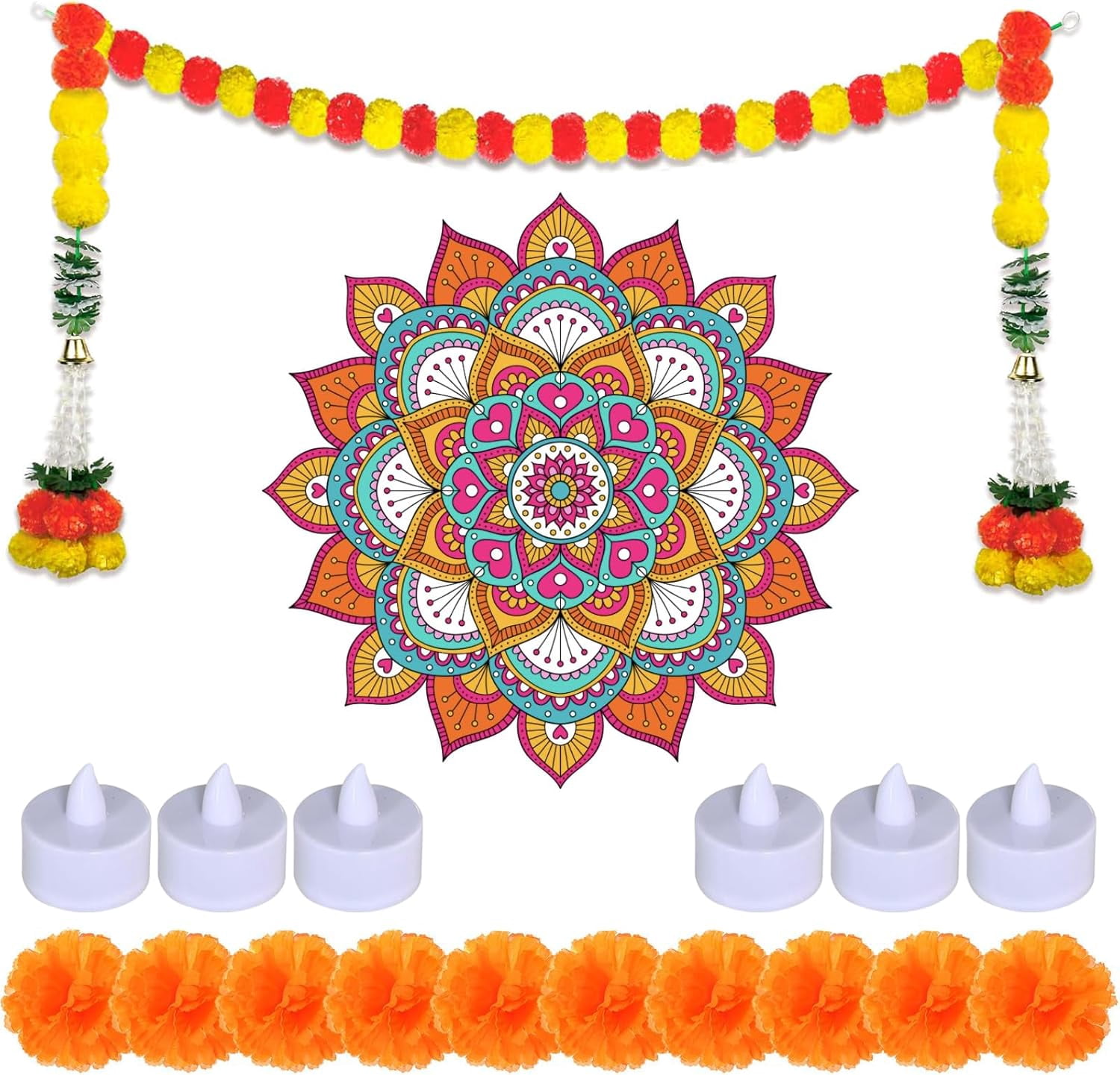 YANGLI 19-Piece Diwali Decoration Set with Rangoli Stickers, 5ft ...