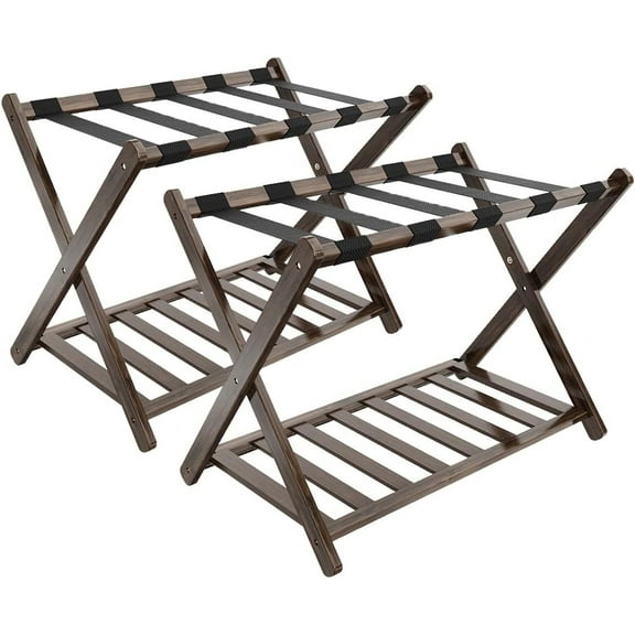 YANGLI 2-Pack Bamboo Luggage Rack with Magnetic Locking, Foldable Suitcase Stand with Storage Shelf, for Guest Room, Bedroom & Hotel