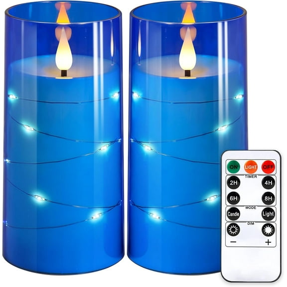 YANGLI 2-Pack Blue Flameless Candles with Star String, 3x6 Inch LED with Remote & Timer for Valentine's Day