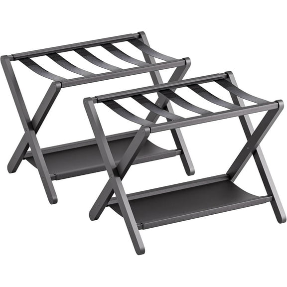 YANGLI 2-Pack Premium Bamboo Luggage Rack with Storage Shelf, Foldable Suitcase Stand, 135 lb Capacity, Black, for Guest Room & Hotel