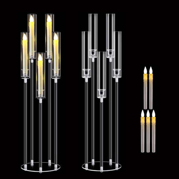 YANGLI 2 Sets Clear Acrylic 5-Arm Candelabra w/ LED Candles & Shades, 33.9" Tall for Dinner/Party/Fireplace
