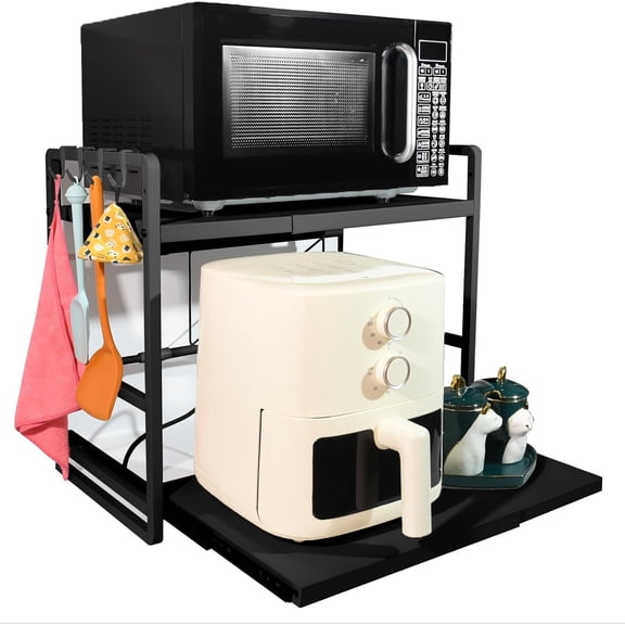YANGLI 2-Tier Microwave Rack with Drawer, Adjustable & Extendable, Black