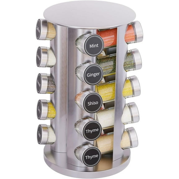 YANGLI 20-Jar Revolving Spice Rack Set – Carousel Tower Organizer, Includes 386 Labels, Silver