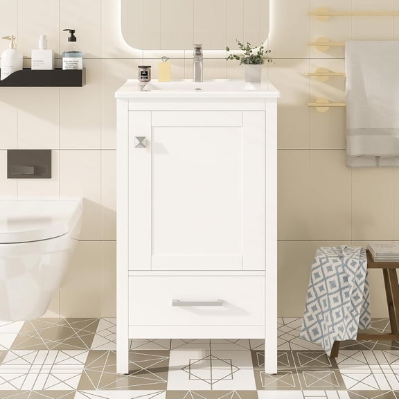 YANGLI 20" Space-Saving Bathroom Vanity Set  Ceramic Sink, Soft-Close, Divider Drawer for Small Baths  White