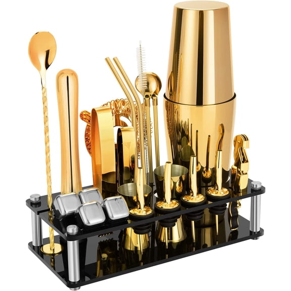 YANGLI 23-Piece Cocktail Shaker Set  Boston Stainless Steel Bartender Kit with Acrylic Stand, Gold