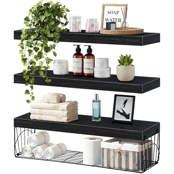 YANGLI 24 Inch Bathroom Shelves 3-Pack - Over Toilet Rustic Wood Floating Shelves, Black