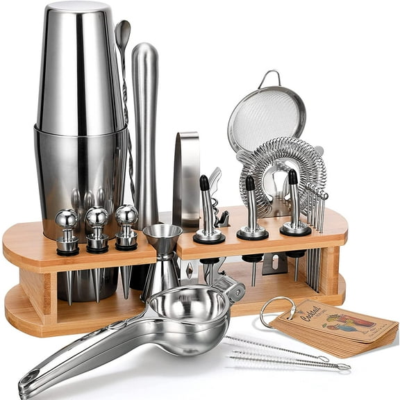 YANGLI 24-Piece Cocktail Shaker Bartender Kit with Stand  Includes Boston Shaker, Muddler & Pourers