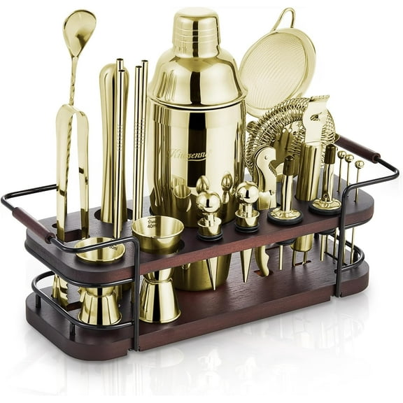 YANGLI 24-Piece Cocktail Shaker Set with Stand  Complete Gold Bar Set with Accessories