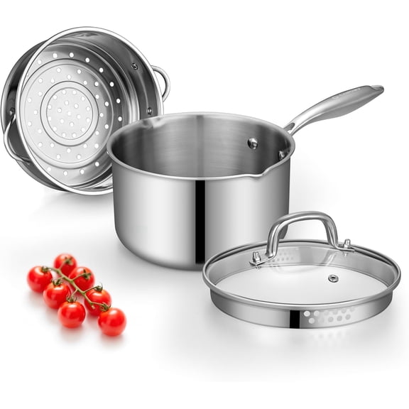 YANGLI 3.5 QT Tri-Ply Stainless Steel Sauce Pan with Steamer Basket & Straining Glass Lid, Heavy-Duty Pasta Pot, Rust-Resistant, Warp-Free, Food-Grade, Works with All Cooktops