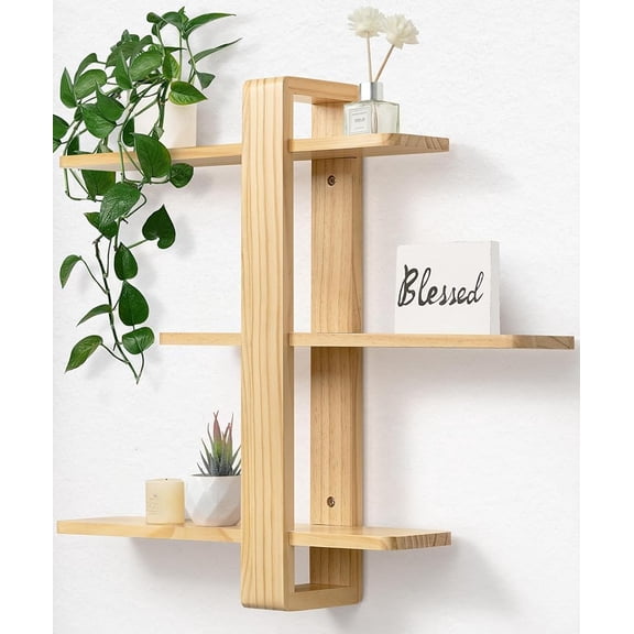 YANGLI 3 Tier Floating Shelves - Natural Pine Wood Wall Mounted Shelf Unit