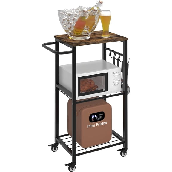 YANGLI 3-Tier Rolling Kitchen Microwave Stand Cart with 8 Hooks, Black