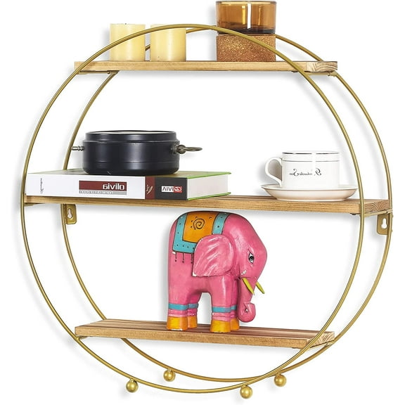 YANGLI 3 Tier Round Wall Shelf Set - Metal & Wood Circle Shelves, Gold