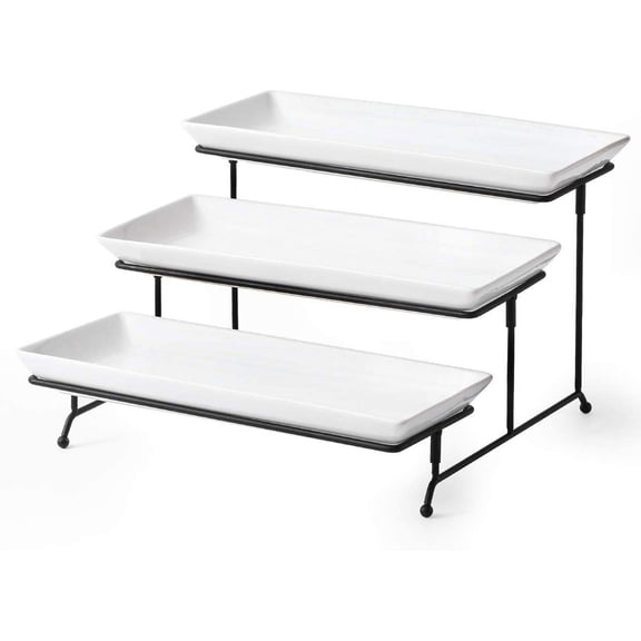 YANGLI 3 Tier Serving Stand with 3 Porcelain Trays, 14 Inch, Collapsible Metal Rack