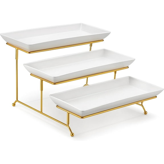 YANGLI 3 Tier Serving Trays for Party, 14 Inch Porcelain White Trays with Gold Metal Rack