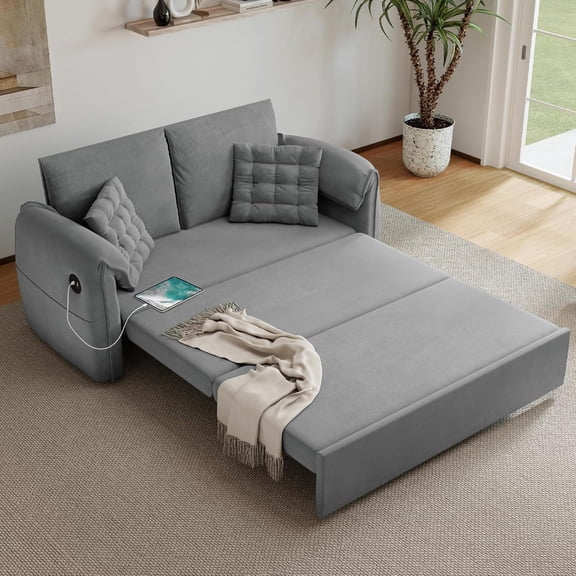 YANGLI 3-in-1 Convertible Sleeper Sofa Bed, 62.9" W x 87" L Couch w/ Pull Out Bed, 6-Position Backrest, Hidden Storage & USB, for Living Room, Light Grey