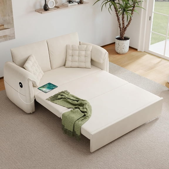 YANGLI 3-in-1 Convertible Sleeper Sofa Bed (87" Length), 62.9" W Couch w/ Pull Out Bed, 6-Position Backrest, Hidden Storage & USB, for Living Room, Beige