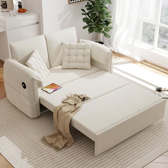 YANGLI 3-in-1 Sleeper Sofa Bed (87" Length), 55.1" W Couch w/ Pull Out Bed, 6-Position Adjustable Backrest, Hidden Storage & USB, for Living Room, Beige