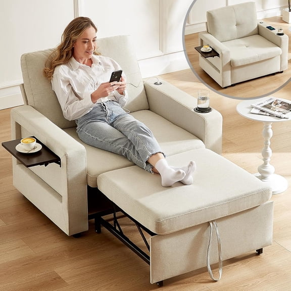 YANGLI 3-in-1 Sleeper Sofa Chair Bed 42.5" W Convertible Sleeper Chair with Pull Out Bed USB Charging Ports, Wing Table, Cup Holder, Adjustable Backrest, Side Pockets Premium Beige