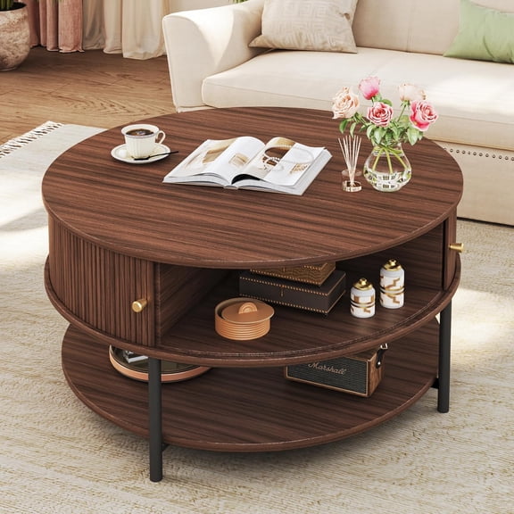YANGLI 31.5" Round Coffee Table with Storage, Mid Century Modern with Sliding Cabinet Door, Round Metal Legs, 3-Tier Small Round for Living Room, Walnut