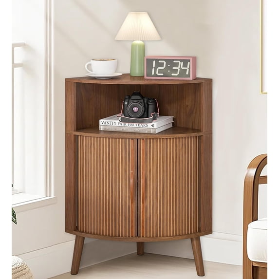 YANGLI 31.5" Small Floor Corner Cabinet with 2 Fluted Doors & Shelves, Freestanding Narrow Organizer for Living Room, Kitchen – Walnut