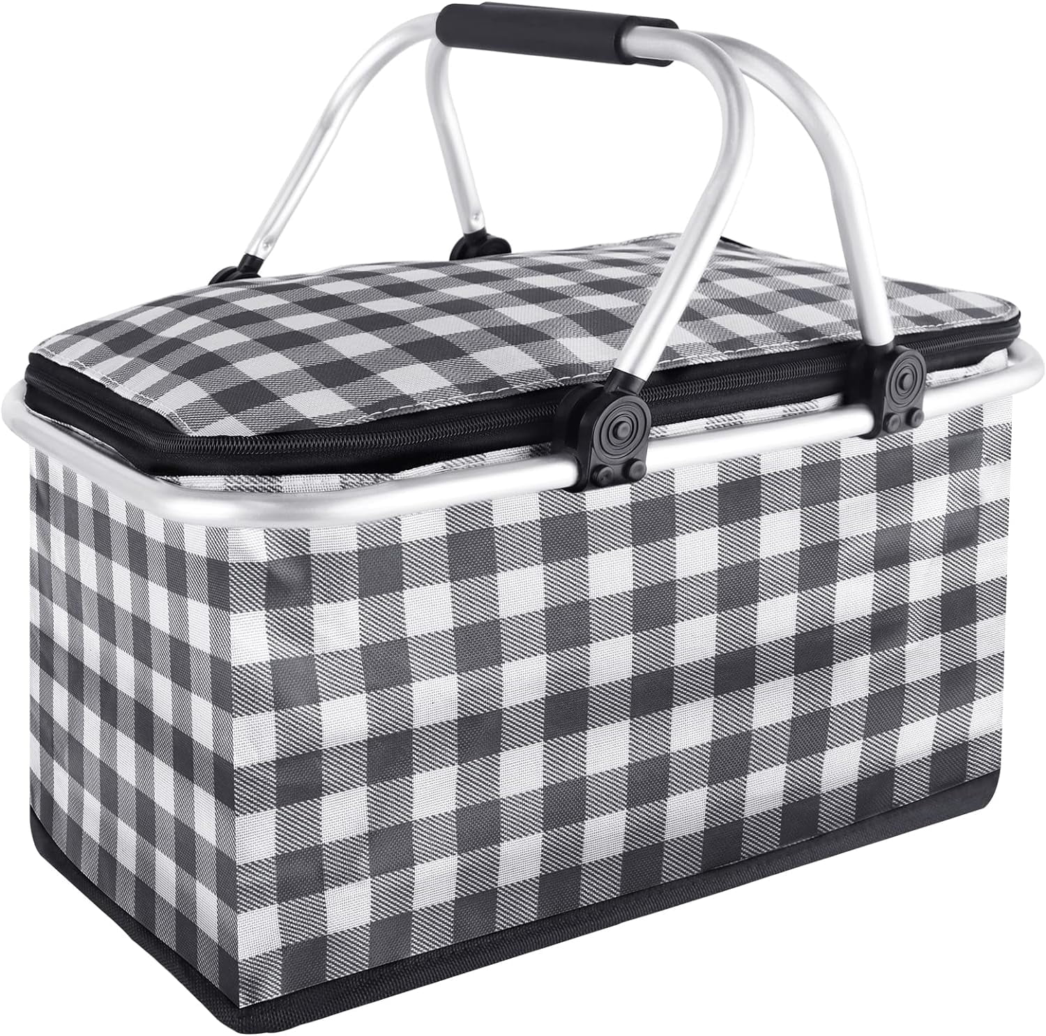 YANGLI 32L Insulated Picnic Basket, Collapsible Cooler Bag with Lid, 2 Sturdy Handles, for Grocery, Food Delivery, Take Outs, Market Shopping, Travel (Black Grid)