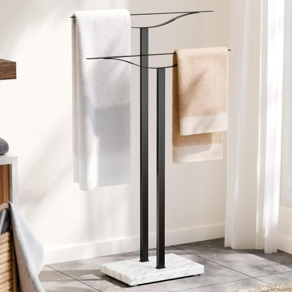 YANGLI 33 Inch Free Standing Towel Rack with Marble Base, Black 304 Stainless Steel, No Drill, Spa & Bathroom