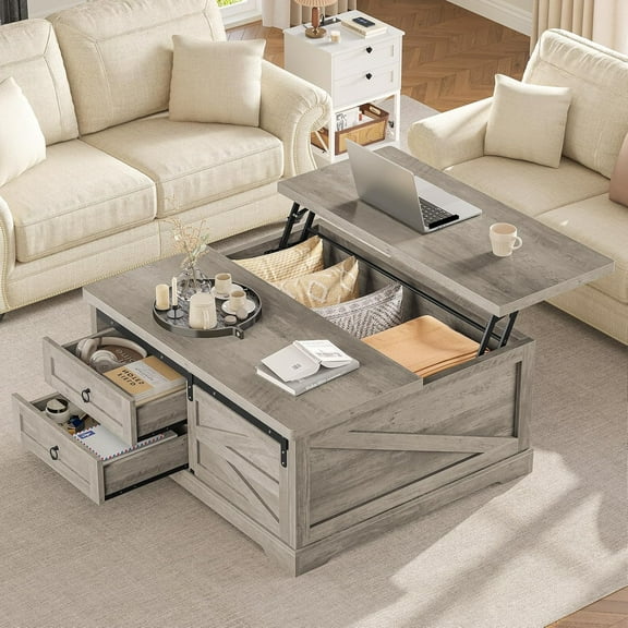YANGLI 39.4" Lift Top Coffee Table with Storage, Farmhouse Square, Large Hidden Compartment & 2 Drawers & Adjustable Shelves, Gray