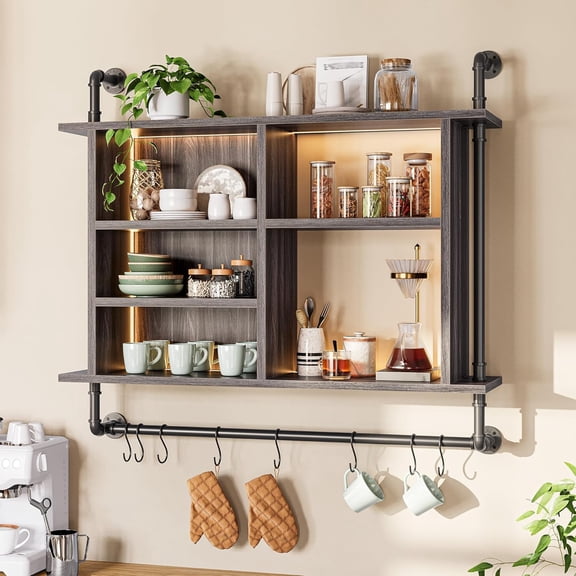 YANGLI 4-Tier Industrial Pipe Shelving with LED Light & 8 S-Hooks - 37.4 Inch, Dark Grey