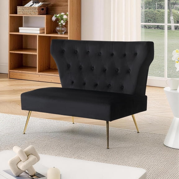 YANGLI 40" Velvet Modern Armless Loveseat for Living Room/Bedroom, Upholstered Small Wingback Couch w/ Gold Metal Legs & 2 Seater, Black