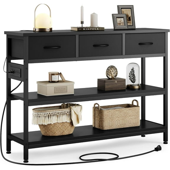 YANGLI 43" Entryway Table with Power Outlets, Console Table with 3 Fabric Drawers, Height Adjustable Sofa Table for Living Room/Hallway/Couch/Foyer, Black